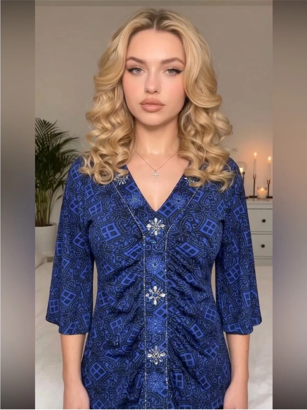 Women's Blue V-Neck Ruched Top with Embellished Buttons